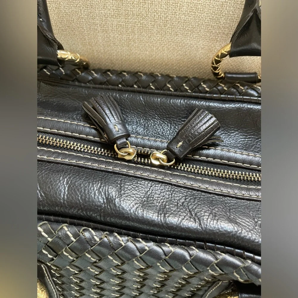 Antonio Melani Black Intrecciato Genuine Leather Satchel Handbag Gold Hardware